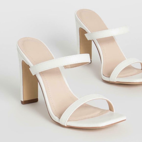 NEW🔥 White Square Open Toe Dual Strap Slide Mules Sandals High Heel Slip-On - Picture 3 of 5